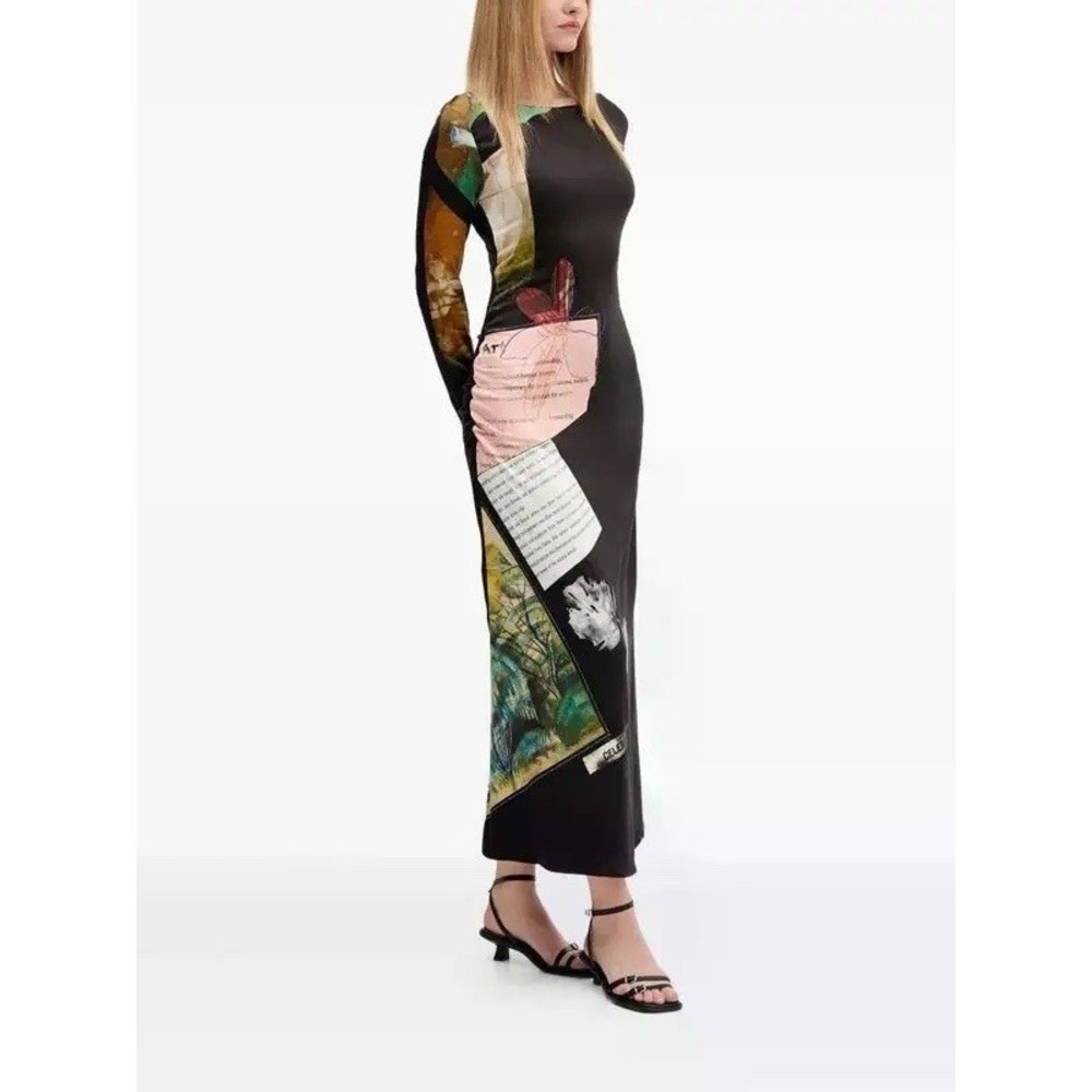 NWT Desigual Collage Asymmetrical Fitted Ruched Long Sleeve Maxi Dress Sz L
